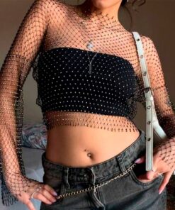 Cropped de Tela com Mangas Longas e Strass